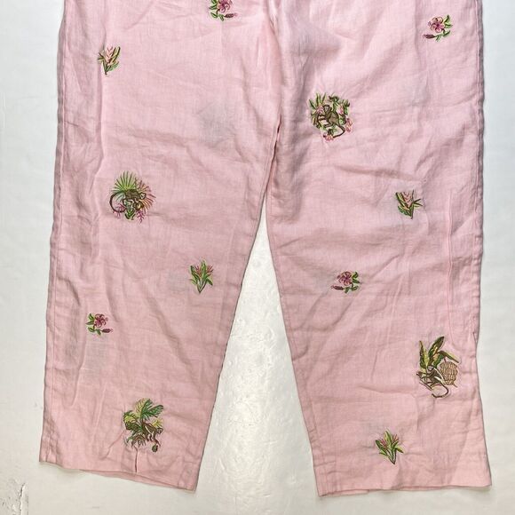 Rosanna Linen Wide Leg Crop Pant 14 (32"Waist) Pink Embroidered Monkeys Tropical - Picture 8 of 12